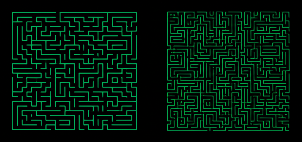 Maze size comparison from 5x5 to 50x50